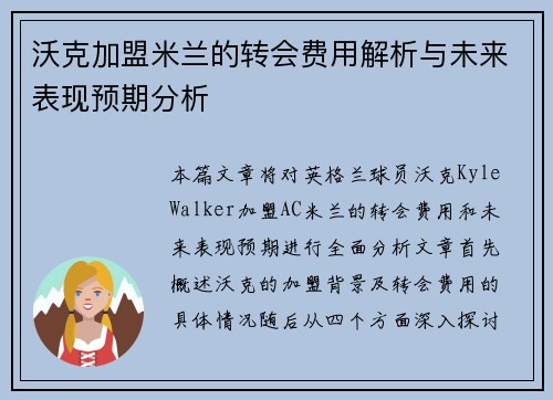 沃克加盟米兰的转会费用解析与未来表现预期分析