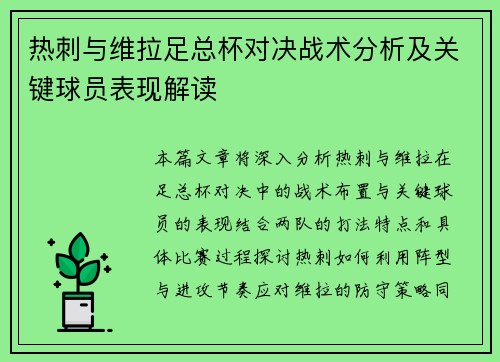 热刺与维拉足总杯对决战术分析及关键球员表现解读 热刺与维拉足总杯对决战术分析及关键球员表现解读